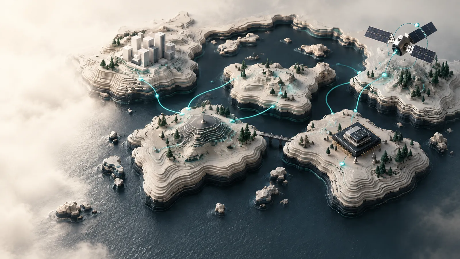 Isometric terrain islands connected by glowing paths, one each for fintech, voice AI, geospatial, hardware and SpaceTech