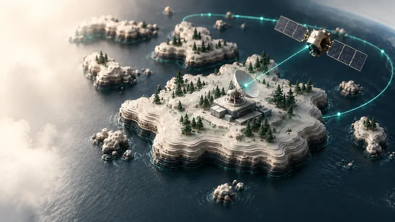 A SpaceTech island with a ground-station dish and a satellite in orbit
